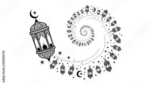 Ornate black and white spiral of hanging lanterns crescents and stars for ramadan