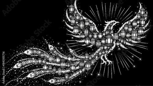 Majestic monochrome phoenix composed of glowing lanterns and ornate feathers