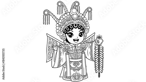 Cute Chinese opera character in detailed traditional costume coloring page illustration