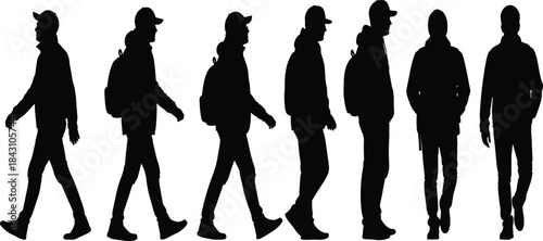 Walking silhouette sequence, human gait illustration, backpack figure vector, casual clothing, motion study, black and white, minimal design, posture reference