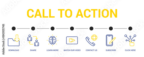 Call To Action Line Color Icon Set For Web Banner. Vector Illustration Concept With Some Icons. Designed In Line Color Style