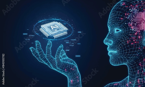 Artificial intelligence processor held by a wireframe human hand, depicting future technology.