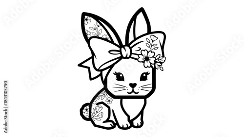 Hand drawn floral bunny illustration with decorative bow and patterned ears