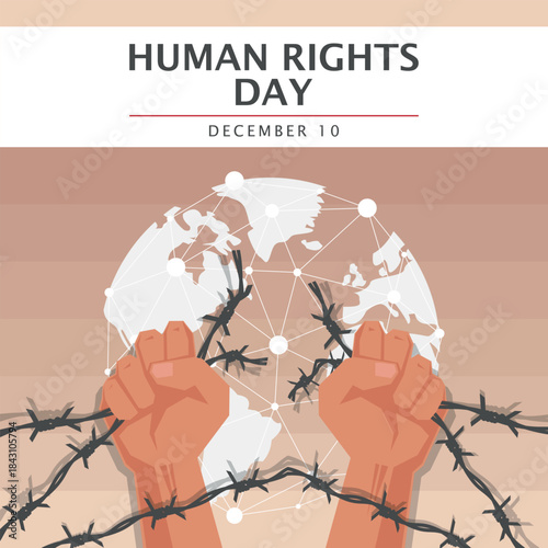Human Rights Day Poster. Hands break barbed wire