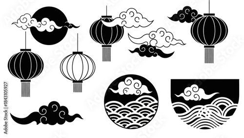 Traditional East Asian lanterns clouds and wave pattern silhouettes in black and white