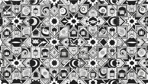 Intricate monochrome islamic geometric mosaic with crescents lanterns and stars pattern