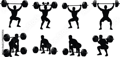 Weightlifting Silhouettes Set Featuring Men Performing Clean and Jerk, Snatch, and Squat Exercises with Barbell, Ideal for Gym, Powerlifting, Fitness, and Strength Training Vector Design
