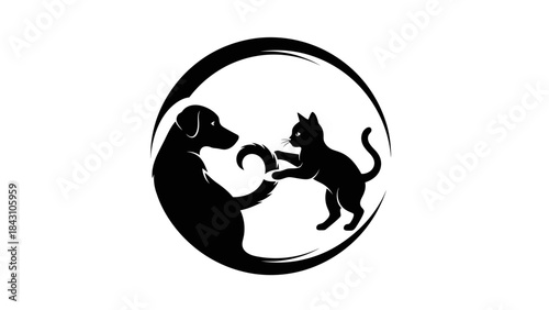 Silhouette logo of a dog and a cat forming a circular yin yang harmony design