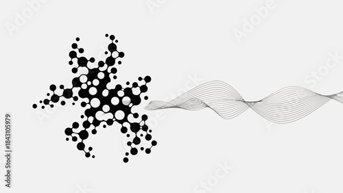 Monochrome molecular network flowing into waveform lines conveying data connectivity and science