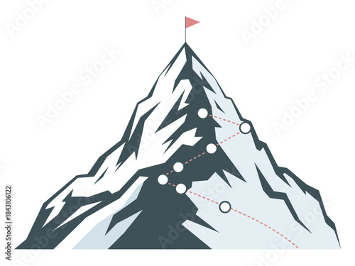 Cartoon Mountain Peak Route, a flat vector illustration showing a dotted hiking path, rock climbing progress, and a red flag at the summit on a white background