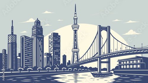 Tokyo skyline with skyscrapers, tower, and bridge. Suitable for travel brochures, city guides, website banners, and postcards.