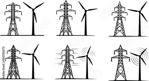 Wind turbine and power transmission tower silhouette set, renewable energy illustration, electricity infrastructure vector collection, clean power generation artwork
