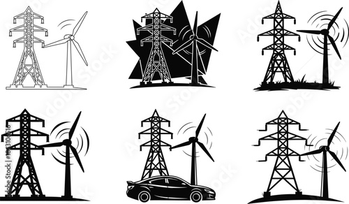 Wind turbines and electricity pylons in dynamic silhouette scenes illustrating renewable energy, power transmission networks, clean technology and modern sustainable infrastructure design