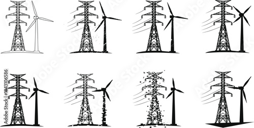 Wind turbines and electricity pylons in multiple artistic variations illustrating renewable energy, power transmission systems, sustainable technology and modern clean energy infrastructure