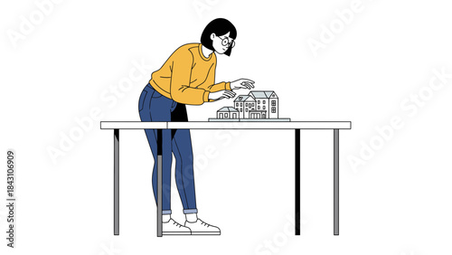 Architect reviewing a building model on the table, a design concept, construction plan