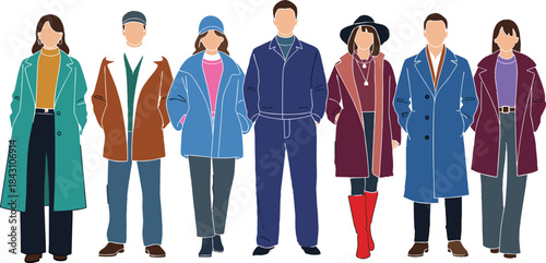 Winter fashion, fall clothing, stylish people, seasonal outfit, character illustration, coat design, boots, accessories, vector art, minimal style, standing pose