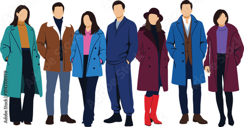 Winter fashion, fall outfit, stylish clothing, character illustration, coat and boots, seasonal wear, vector people, minimal design, trendy look, standing pose