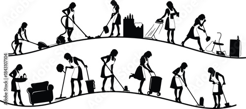Woman cleaning silhouette, household chores illustration, domestic work poses, black vector art, home maintenance tasks, minimalist design, daily routine concept