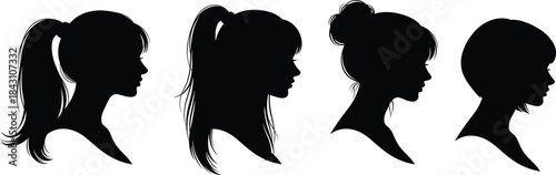 Women's beautiful hairstyle silhouettes profile vector set featuring various haircuts like ponytail bun and short bob representing beauty fashion and elegant female head shapes.