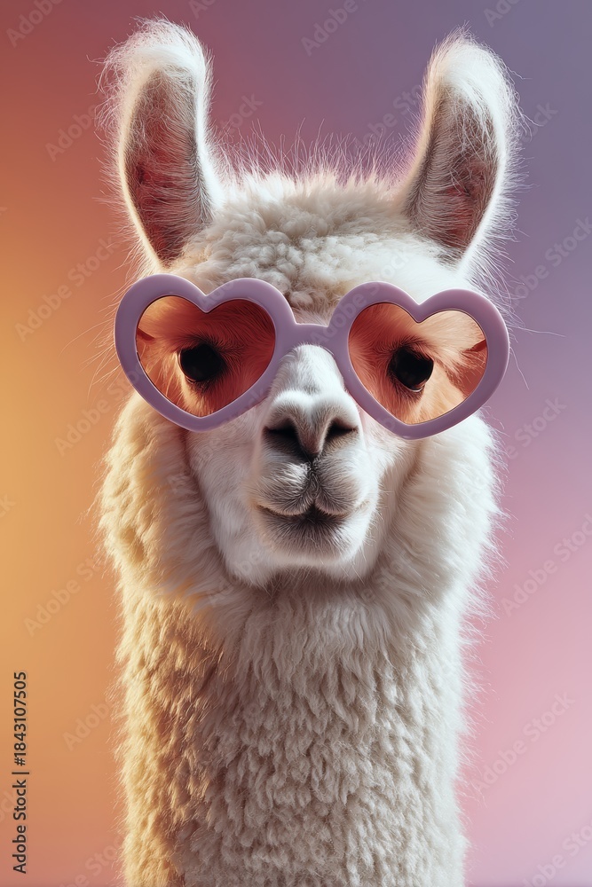 Obraz premium Llama wearing heart-shaped sunglasses poses in a colorful setting with soft light during a playful moment