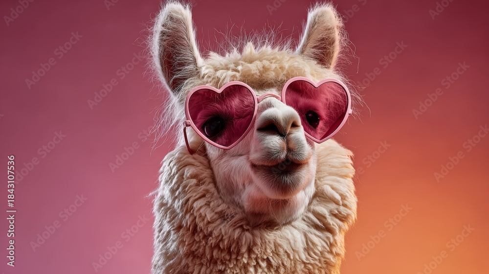 Obraz premium Llama wearing heart-shaped sunglasses in colorful background during a fun photo session