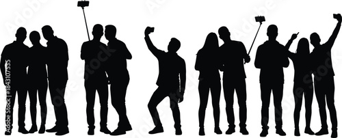 Young friends group black and white silhouette set taking selfies with smartphone and sticks representing modern social media communication youth lifestyle and technology concepts.