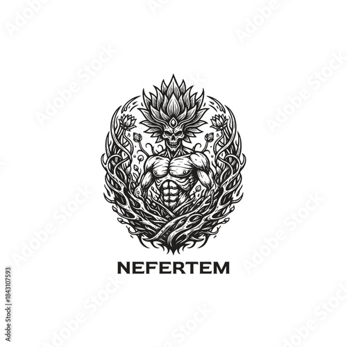 Vintage woodcut illustration of Nefertem skull deity with lotus flowers and botanical vines.