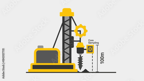 Construction drilling machine illustration showing foundation piling process, ground depth measurement, civil engineering equipment and industrial drilling system in flat technical style