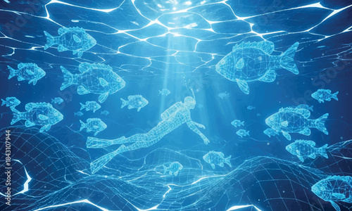 Surreal underwater scene with a lone diver exploring a vibrant coral reef teeming with life.