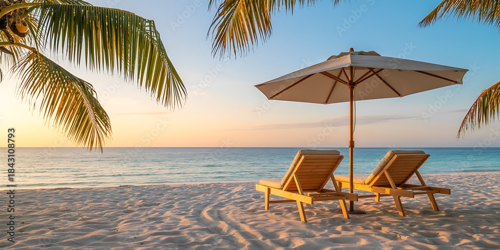 Obraz premium A serene beach scene with palm trees lounge chairs and a sunset