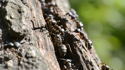 Tiny black ants march in steady lines across tree trunk bark, offering a unique metaphor for industriousness and cooperation as they collectively achieve their goals, providing a striking visual.