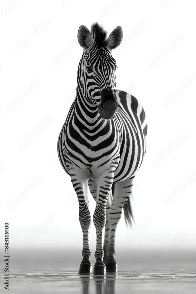 Obraz premium Zebra stands in front of white background during daytime, showing stripes and body structure in clear view