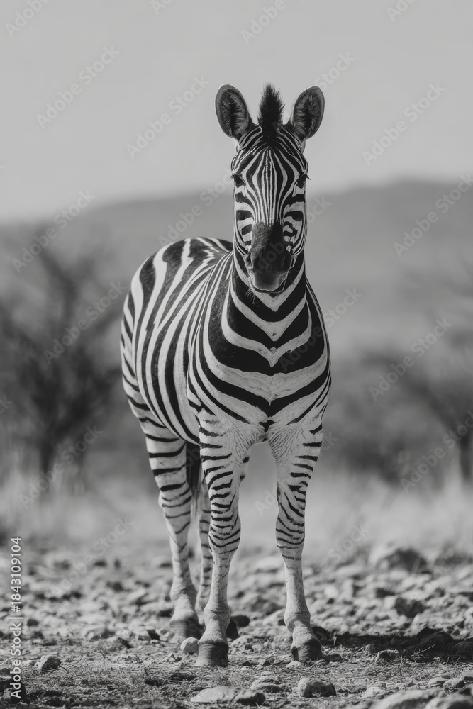 Obraz premium Zebra stands in the open landscape with a backdrop of hills and sparse trees during the day