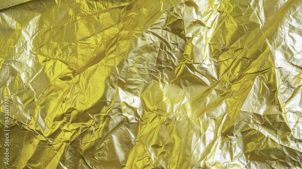 Obraz premium Crinkled golden metallic foil surface with reflective texture