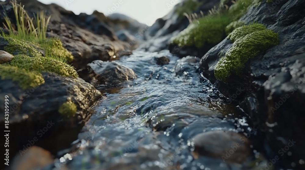 Obraz premium Serene mountain stream cascading over rocks with vibrant green moss creating a calming natural scene
