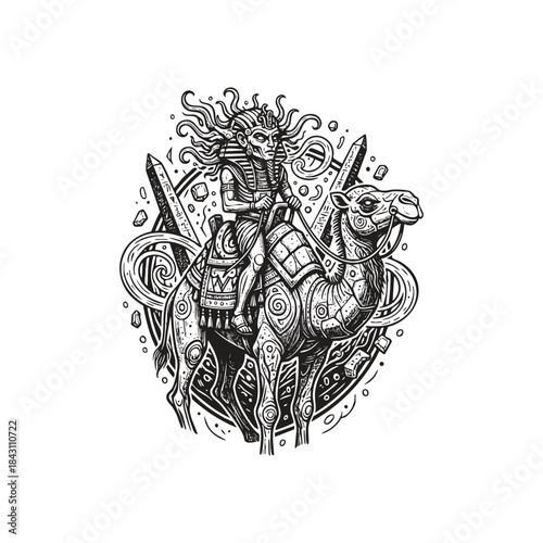 Ancient Egyptian pharaoh riding a decorated camel with obelisks and mystical swirls in vintage woodcut engraving style