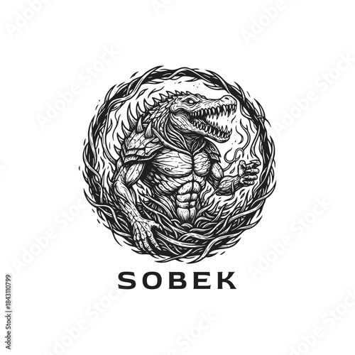Ancient Egyptian god Sobek illustration with crocodile head and muscular warrior body in a circular thorny frame woodcut engraving style