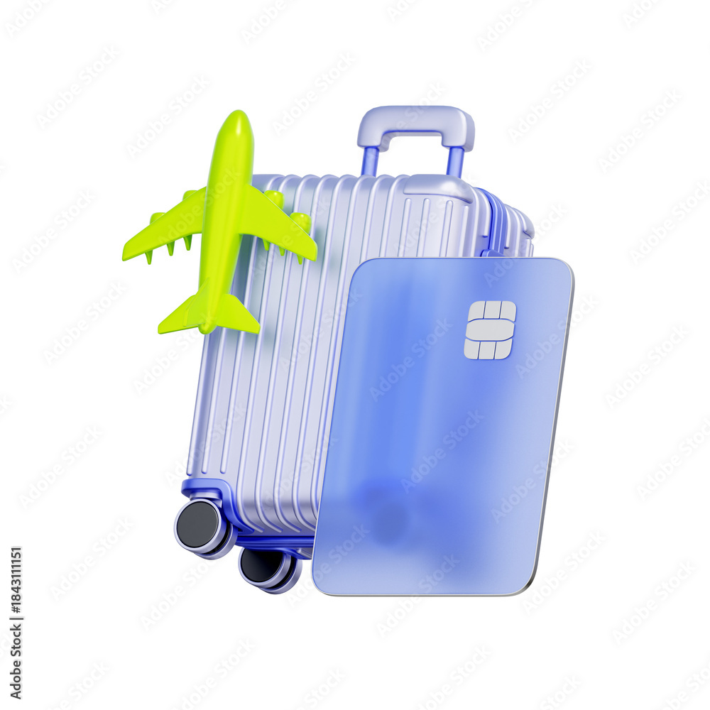 Fototapeta premium 3D icon of a credit card with a suitcase and airplane For travel credit card, airline rewards, vacation finance, and premium travel.