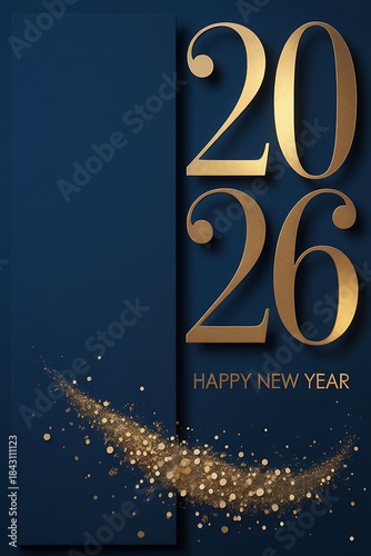 Golden new year 2026 celebration with glittering sparkles and dark blue backdrop