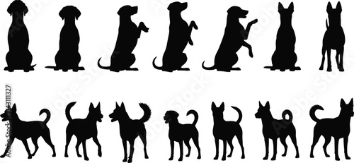 Variety of dog silhouettes in different poses like sitting, begging, and walking, a versatile collection illustrating canine training, behavior, and various types of domestic pet animals.