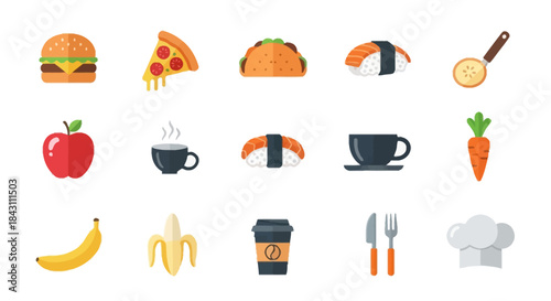 A collection of colorful and stylized icons representing various popular food and beverage items, ideal for graphic design and web use