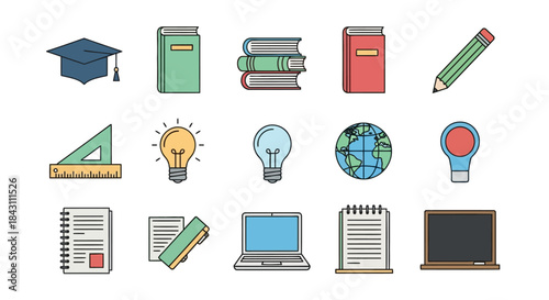 Collection of Education and Learning Icons Featuring Books, Graduation Cap, Globe, and Technology