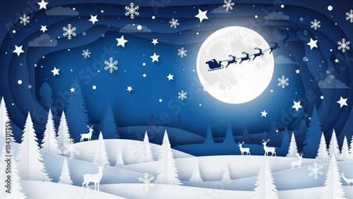 A beautiful blue and white paper cut illustration of Santa's sleigh flying across a large full moon, with layers of snowy hills and white reindeer in the foreground among tall pine trees.