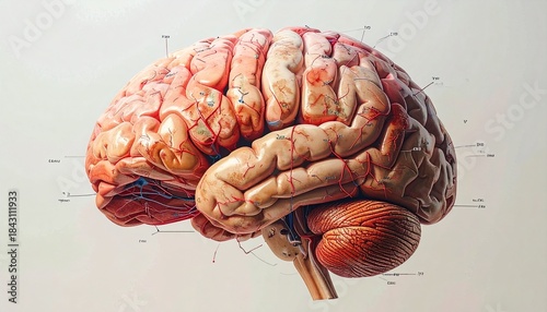 A comprehensive anatomical model of the human brain, intricately detailing the cerebrum, cerebellum, and brainstem, vital for neuroscience studies and medical education