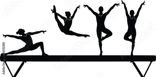 Vector silhouettes of female gymnasts performing elegant and dynamic poses on a balance beam, illustrating athleticism, strength, grace, and sport.