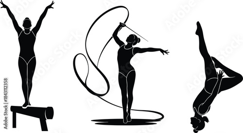 Vector silhouettes of professional female gymnasts performing rhythmic ribbon exercise, balance beam pose, and a dynamic tumbling floor flip