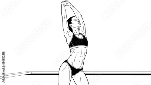 Athletic Woman Stretching Before Swim – Sporty Bikini Black Line Art Illustration
