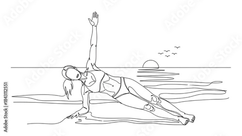 Continuous Line Art of Athletic Bikini Woman Doing Side Plank Exercise on Sand