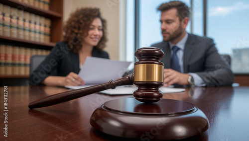 Business meeting in law office with legal documents and gavel, emphasizing justice and professionalism