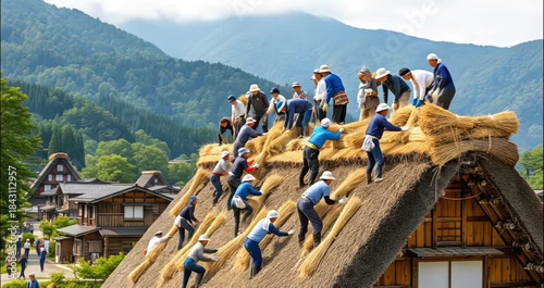 Large group of villagers repairing traditional Gassho-zukuri thatched roof in historic Shirakawa-go village Japan